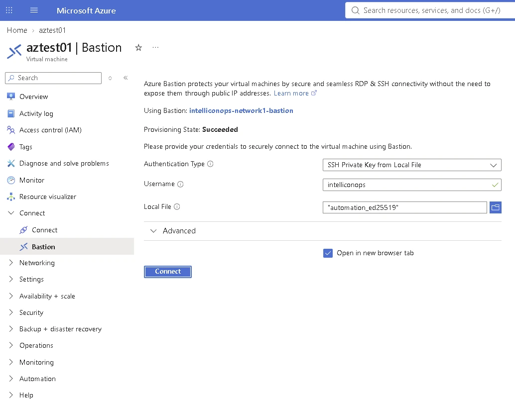 IntelliconOps Azure Azure Bastion — connected screenshot