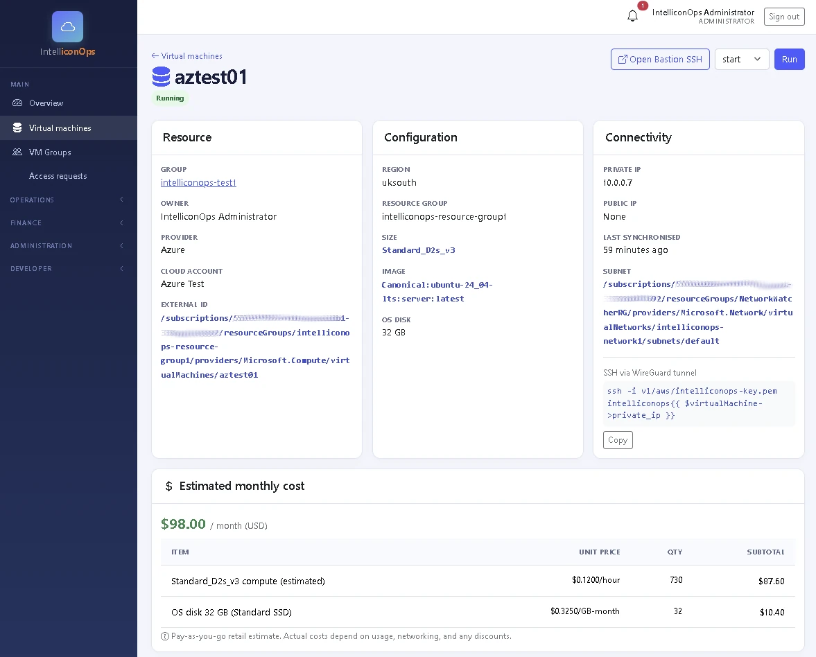 IntelliconOps Azure Azure VM — Open Bastion SSH screenshot