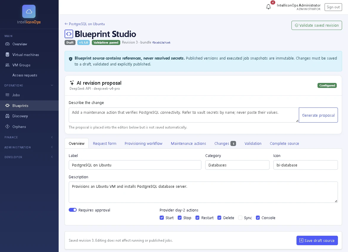 IntelliconOps Blueprint Studio overview and ai revision tab