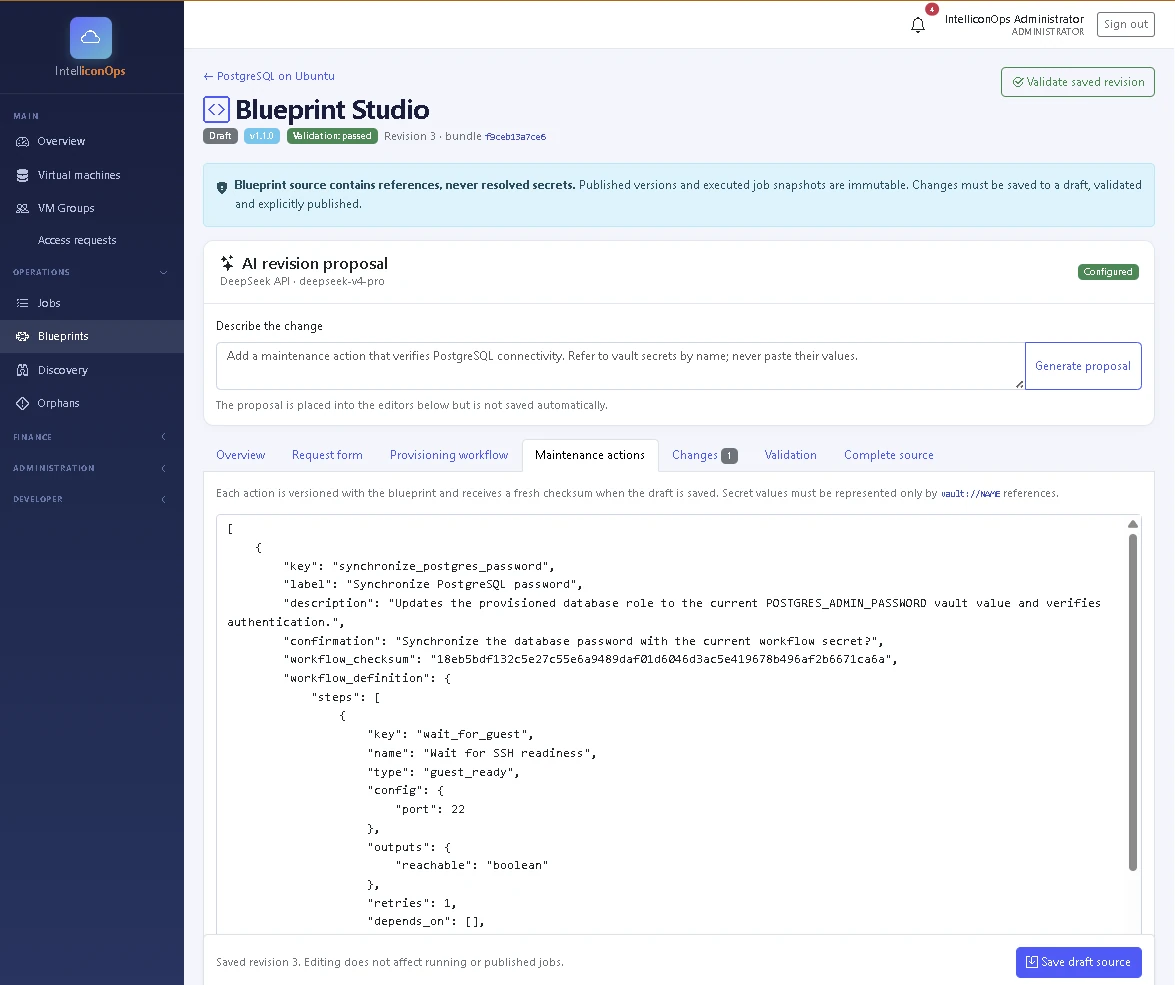 IntelliconOps Blueprint Studio maintenance actions tab