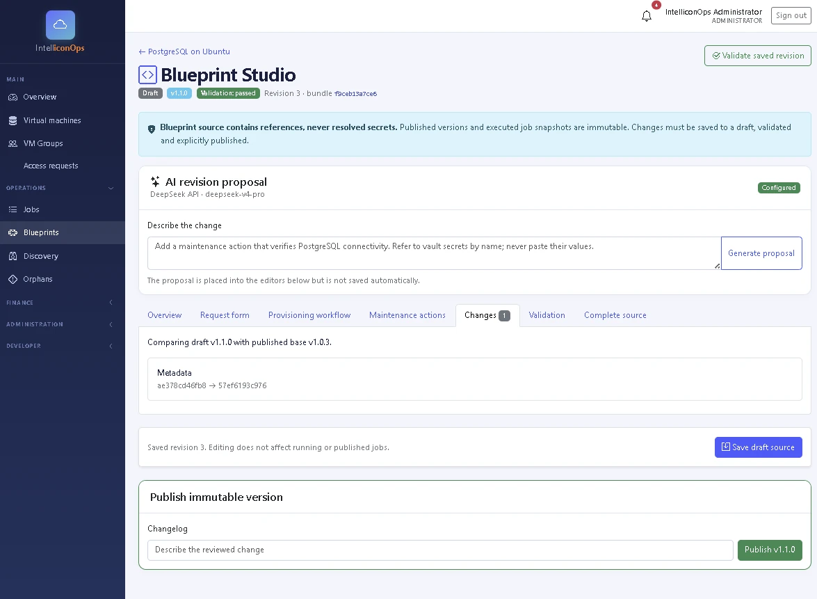 IntelliconOps Blueprint Studio changes and publication tab