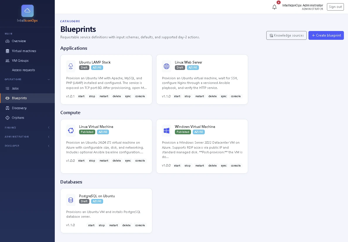 IntelliconOps service catalogue with Azure-labelled application, compute and database blueprints