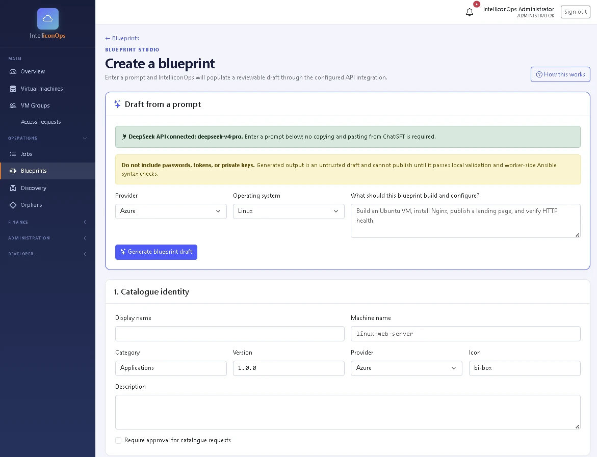 IntelliconOps Blueprint Studio form for generating a reviewable Azure automation draft from an infrastructure prompt