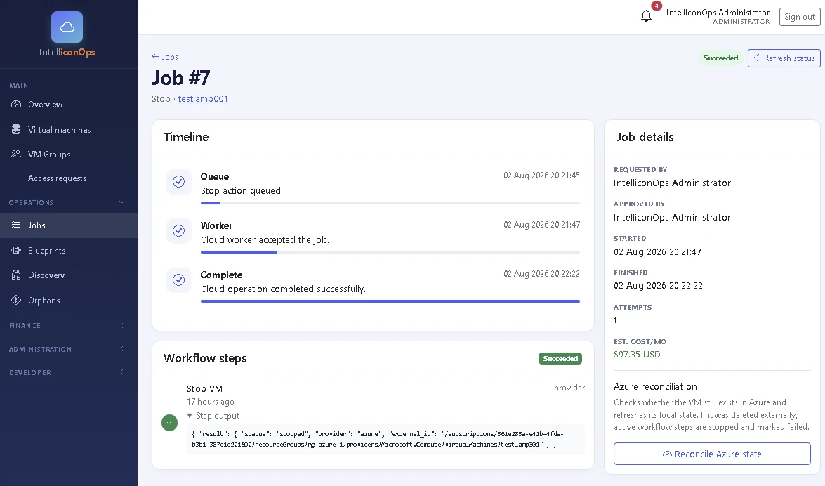 IntelliconOps Job 7 log with queue, worker and completion events, requester, approver, timestamps and workflow output