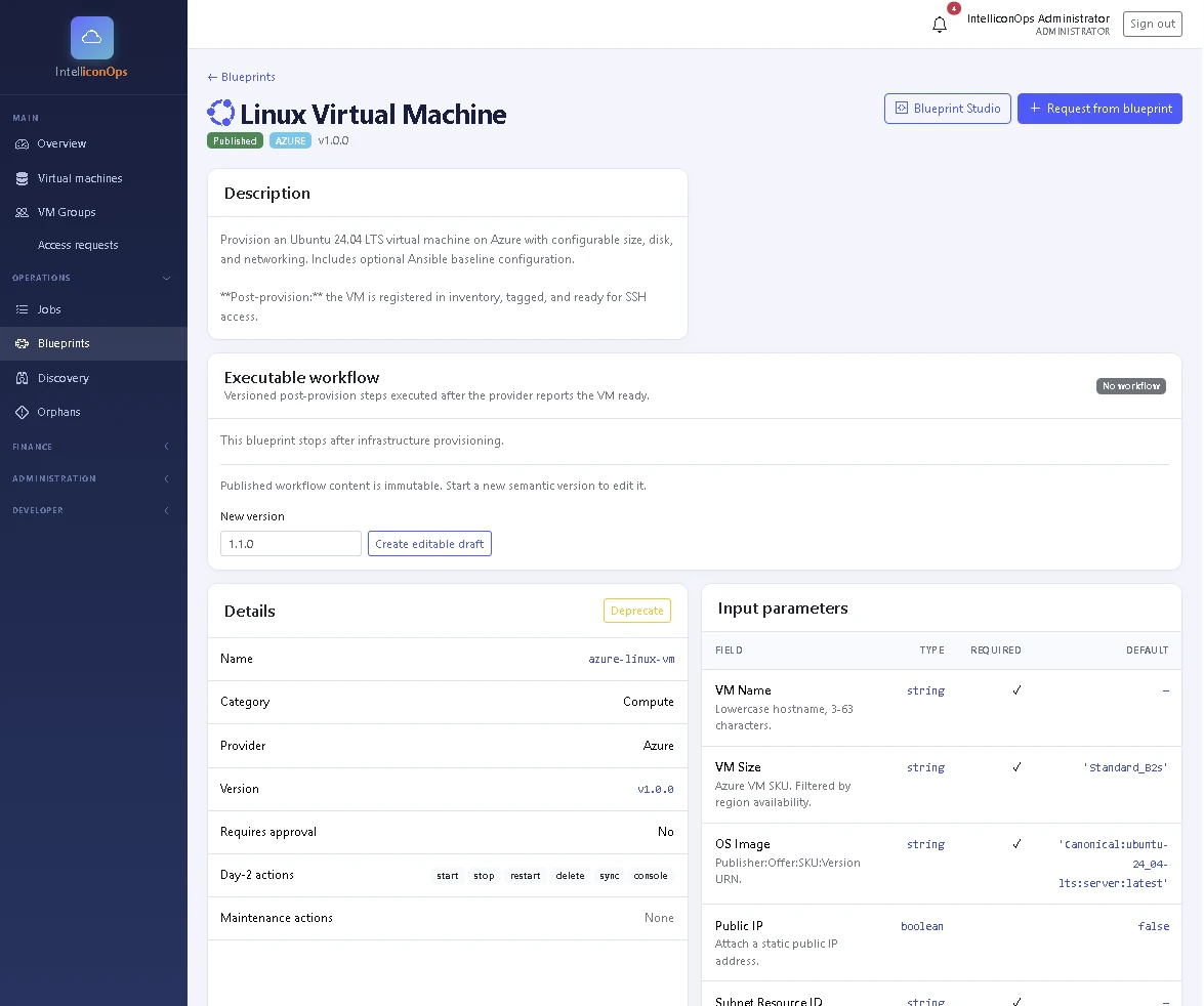 Published IntelliconOps Linux virtual machine blueprint showing its version, Azure provider, input parameters and request action