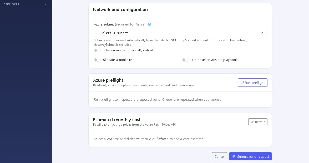 IntelliconOps Azure virtual machine request form with subnet, public IP, Ansible baseline, preflight and cost controls