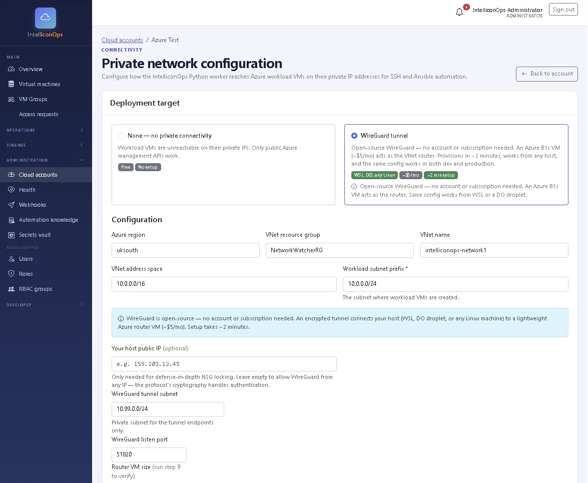 IntelliconOps private networking configure the network screen