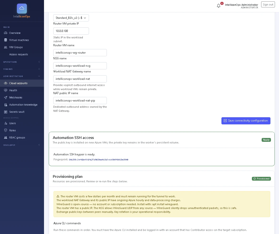 IntelliconOps private networking review the provisioned foundation screen