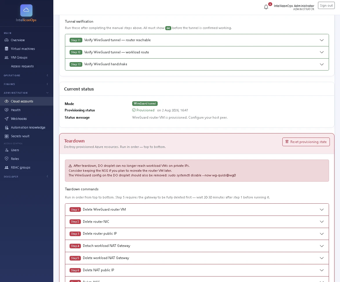 IntelliconOps private networking verify and operate screen