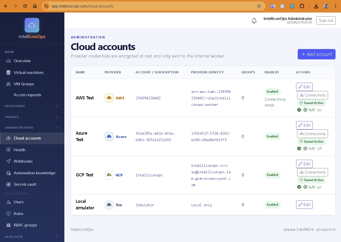 IntelliconOps production footer displaying the promoted release SHA