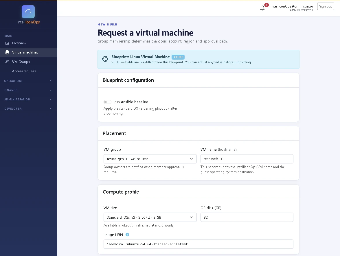IntelliconOps Azure virtual machine request form with blueprint, VM group, placement and compute controls
