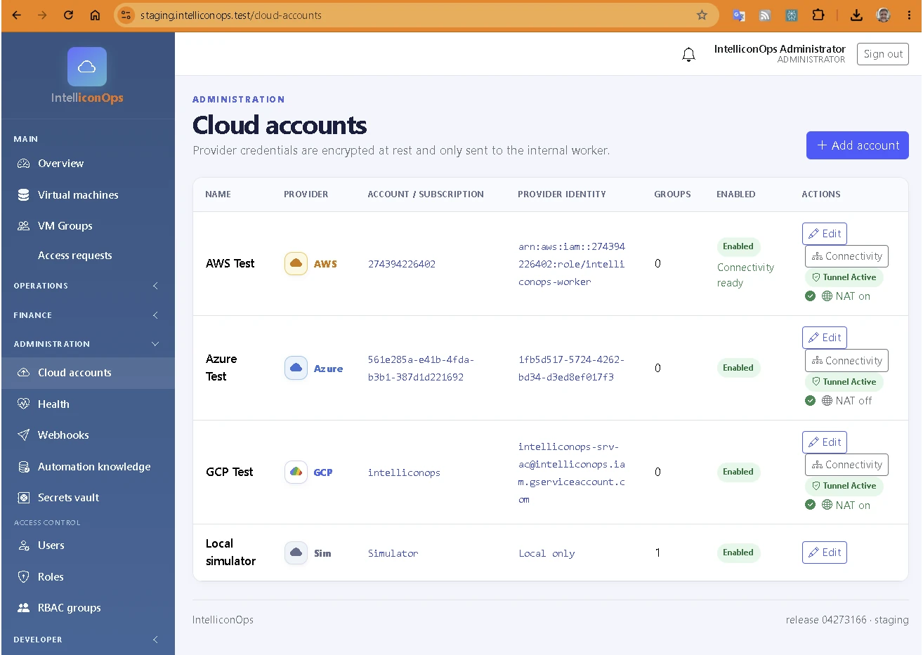 IntelliconOps staging footer displaying the deployed release SHA